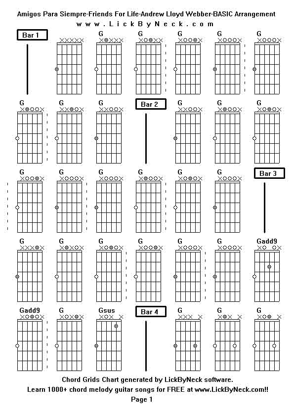 Chord Grids Chart of chord melody fingerstyle guitar song-Amigos Para Siempre-Friends For Life-Andrew Lloyd Webber-BASIC Arrangement,generated by LickByNeck software.